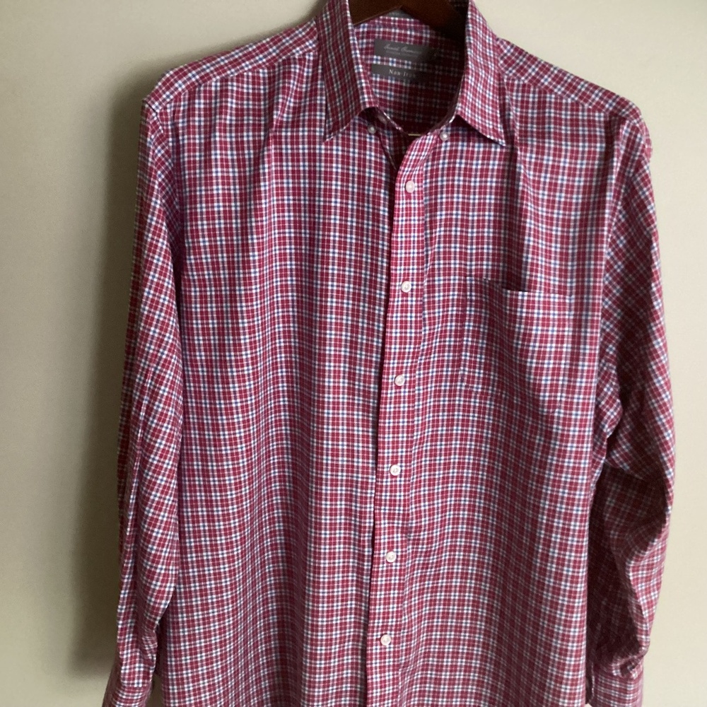 DANIEL CREMIEUX RED,WHITE,BLUE STRIPED LONG SLEEVE SIZE XL DRESS SHIRT